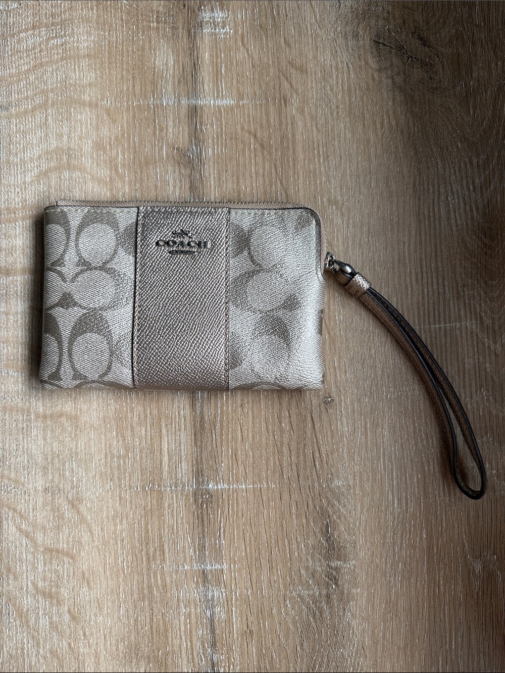Coach Metallic Signature Wristlet in Champagne Beige